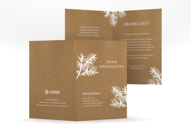 Geschäftliche Weihnachtskarte Tannenkraft A6 Klappkarte hoch Kraftpapier hochglanz mit edlem Tannenzweig-Dekor