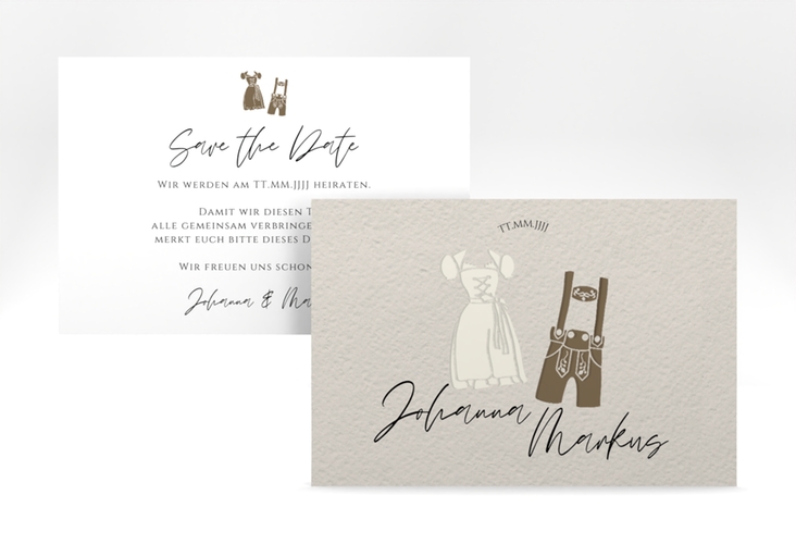 Save the Date-Karte Trachtenhochzeit A6 Karte quer beige hochglanz mit Dirndl und Lederhose