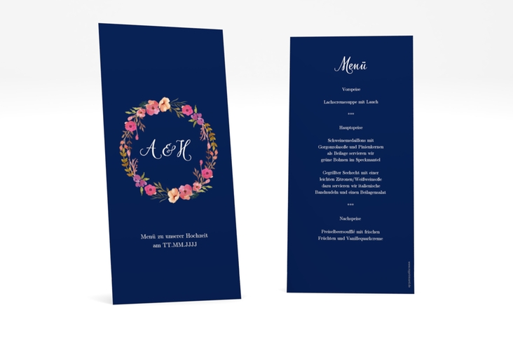 Menükarte Hochzeit Fiore lange Karte hoch blau hochglanz