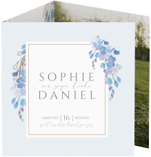 Dankeskarte Hochzeit Blauregen quadr. Doppel-Klappkarte blau mit Wisteria-Blüten