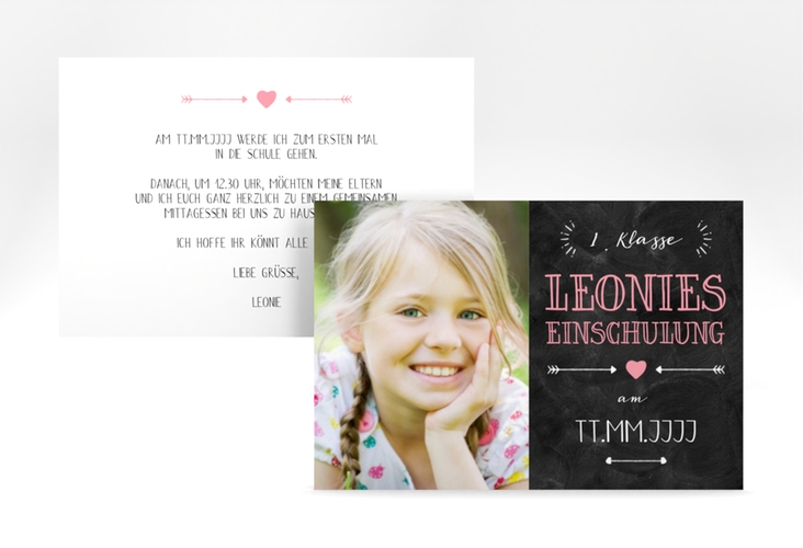 Einschulungskarte Buchstabenparty A6 Karte quer rosa hochglanz zum 1. Geburtstag in Schiefertafel-Optik mit Foto