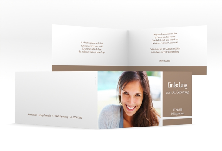 Einladung 30. Geburtstag Gerd/Gerda lange Klappkarte quer braun mit Foto