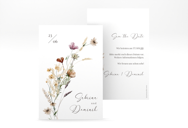 Save the Date-Karte Sauvages A6 Karte hoch mit getrockneten Wiesenblumen