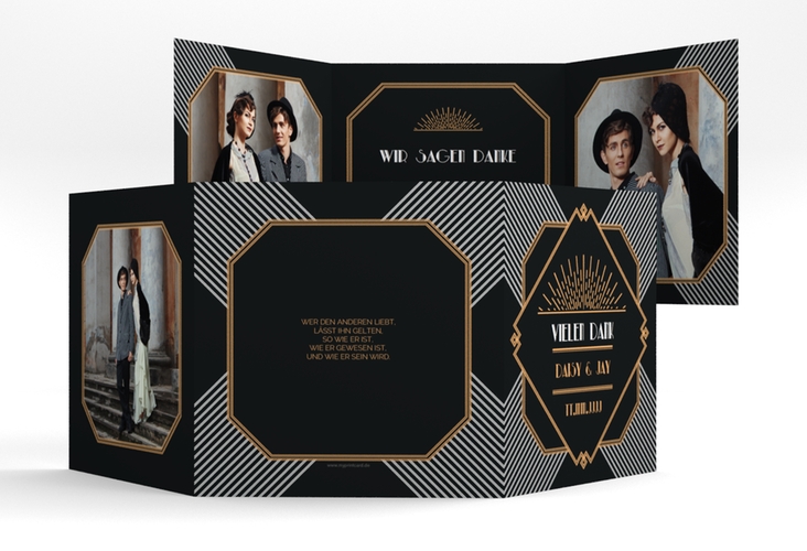 Dankeskarte Hochzeit Gatsby quadr. Doppel-Klappkarte schwarz hochglanz