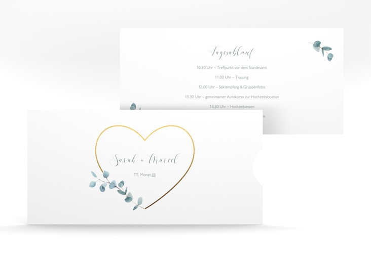 Hochzeitseinladung Greenheart Einsteckkarte hochglanz mit elegantem Herz und Eukalyptus-Zweig