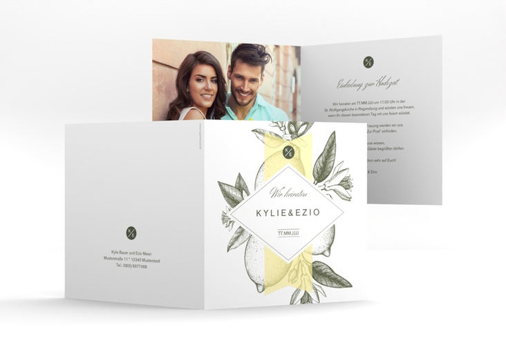 Hochzeitseinladung Lemon quadr. Klappkarte mit mediterranem Zitronen-Kupferstich