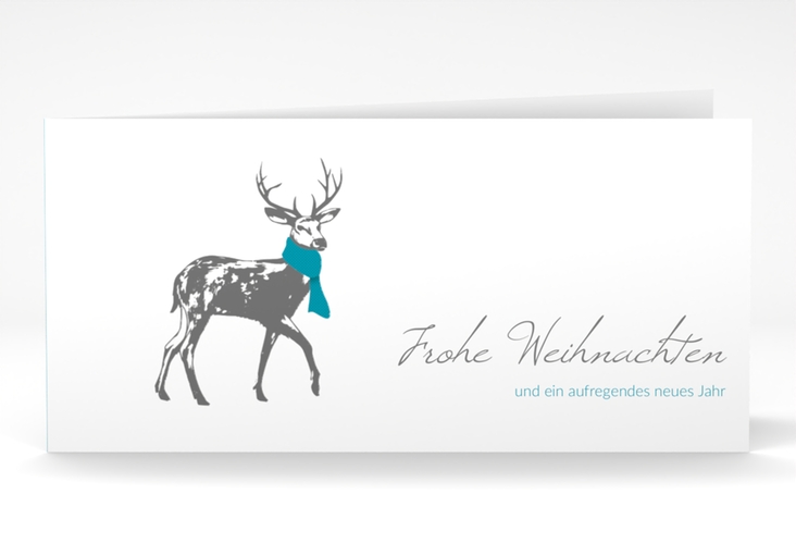 Geschäftliche Weihnachtskarte Hirsch lange Klappkarte quer blau mit Hirsch mit Schal