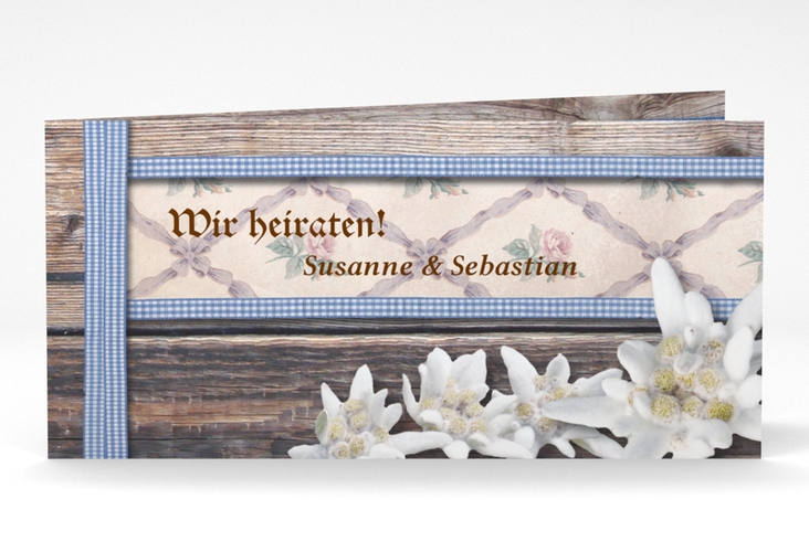 Einladungskarte Hochzeit Bayern lange Klappkarte quer blau mit Edelweiß in rustikaler Holz-Optik