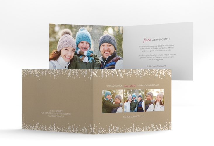 Weihnachtskarte Decor A6 Klappkarte quer Kraftpapier mit drei Fotos und Zweig-Dekor