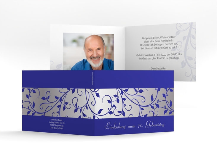 Einladung 70. Geburtstag Hermann/Hermine A6 Klappkarte quer blau
