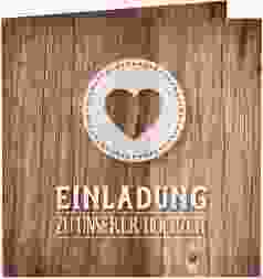 Hochzeitseinladung "Flair" Quadratische Klappkarte braun in rustikaler Holz-Optik mit Herz