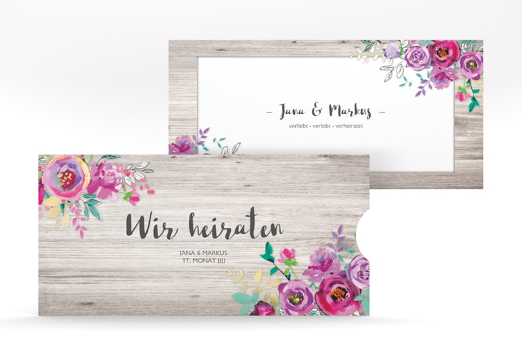 Hochzeitseinladung Flourish Einsteckkarte weiss mit floraler Bauernmalerei auf Holz