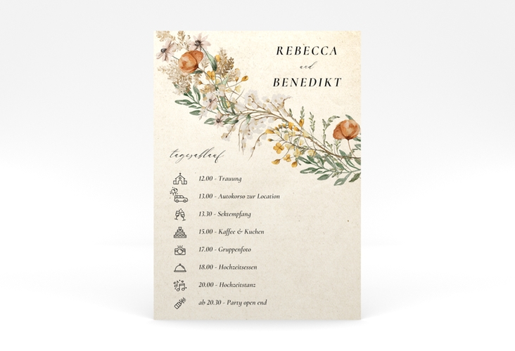 Tagesablauf Poster Hochzeit Wildfang 50 x 70 cm Poster beige mit getrockneten Wiesenblumen