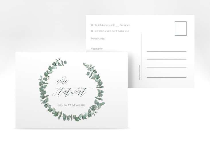 Antwortkarte Hochzeit Silverleaf A6 Postkarte weiss hochglanz mit Eukalyptus-Zweig