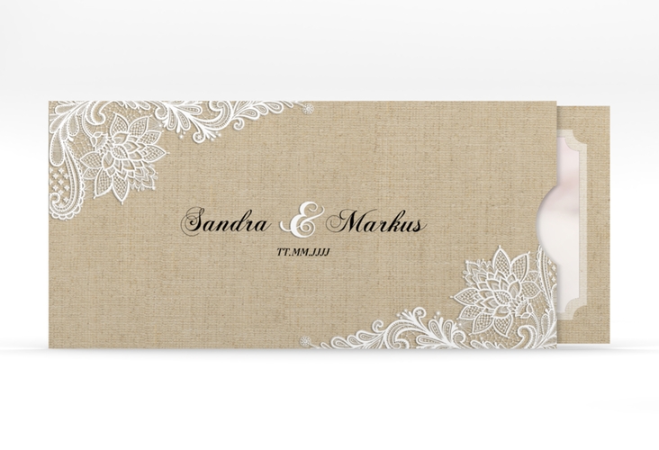 Hochzeitseinladung Lace Einsteckkarte hochglanz in Leinen-Optik mit weißer Spitze