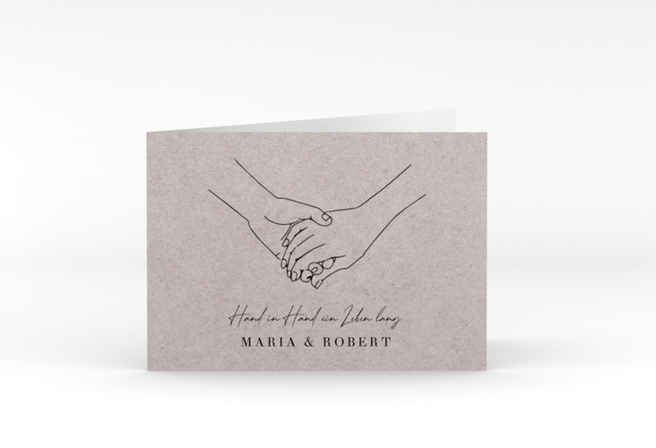 Danksagungskarte Hochzeit Hands A6 Klappkarte quer Kraftpapier mit sich haltenden Händen im Monoline-Stil