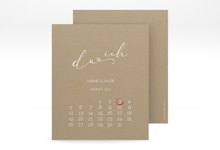Save the Date-Kalenderblatt Zweisamkeit Kalenderblatt-Karte Kraftpapier hochglanz im minimalistischen Stil mit Aufschrift du & ich