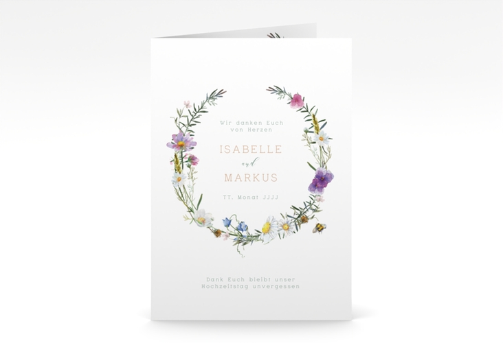 Dankeskarte Hochzeit Blumengarten A6 Klappkarte hoch weiss mit Blumenkranz und Hummel
