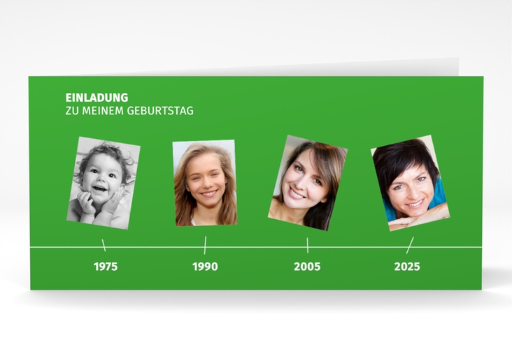 Einladung 50. Geburtstag Timeline lange Klappkarte quer gruen