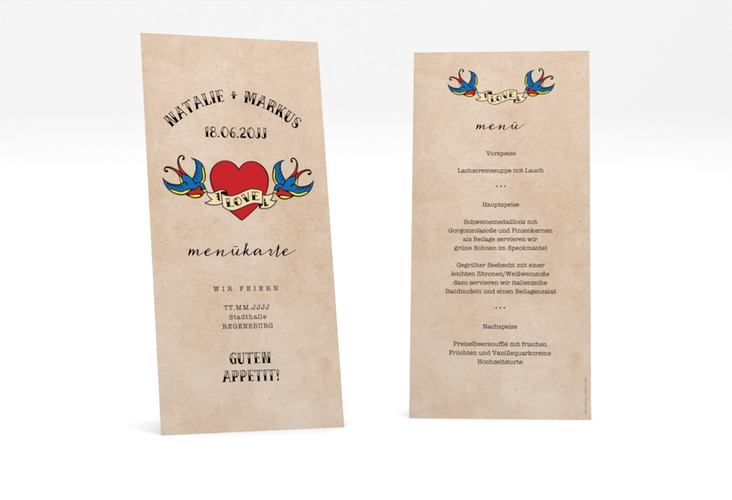 Menükarte Hochzeit Tattoo lange Karte hoch beige hochglanz mit Herz und zwei Schwalben