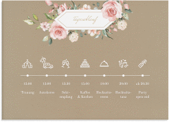 Klick: Details zu Tagesablauf Leinwand Hochzeit "Graceful" anzeigen Tagesablauf Leinwand Hochzeit Graceful 70 x 50 cm Leinwand Kraftpapier mit Rosenblüten in Rosa und Weiß