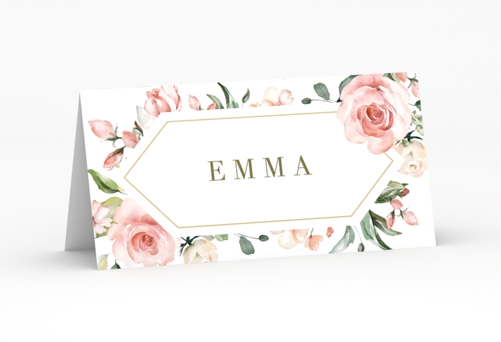 Tischkarte Hochzeit Graceful Tischkarten weiss mit Rosenblüten in Rosa und Weiß