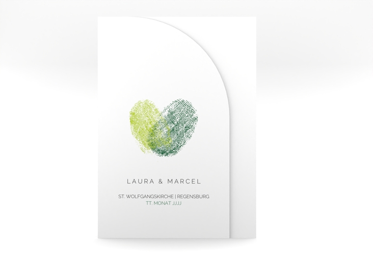 Hochzeitseinladung Fingerprint mittlere Bogen-Wickelfalzkarte gruen schlicht mit Fingerabdruck-Motiv
