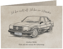Klick: Details zu Einladung 80. Geburtstag "Oldtimer" anzeigen Einladung 80. Geburtstag Oldtimer A6 Klappkarte quer beige