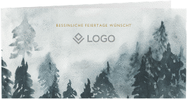 Klick: Details zu Geschäftliche Weihnachtskarte "Winterland" anzeigen Geschäftliche Weihnachtskarte Winterland lange Klappkarte quer blau mit Tannenwald im Aquarell-Stil