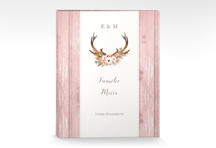 Stammbuch A4 Heimatjuwel Stammbuch A4 rosa mit Hirschgeweih und Holz-Hintergrund