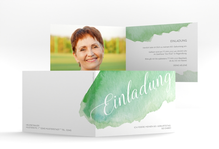 Einladung Geburtstag Aquarell A6 Klappkarte quer gruen