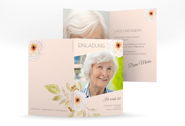 Einladung 80. Geburtstag Fleur A6 Klappkarte hoch