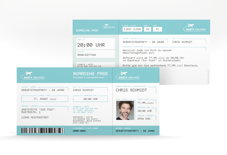 Einladung 50. Geburtstag Boardingpass lange Karte quer