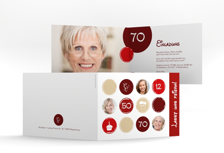Einladung 70. Geburtstag Circles A6 Klappkarte quer rot