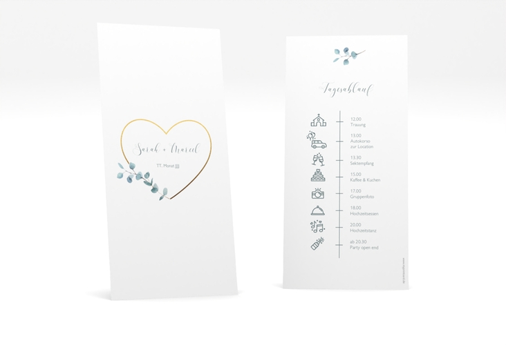Tagesablauf Hochzeit Greenheart lange Karte hoch gold mit elegantem Herz und Eukalyptus-Zweig