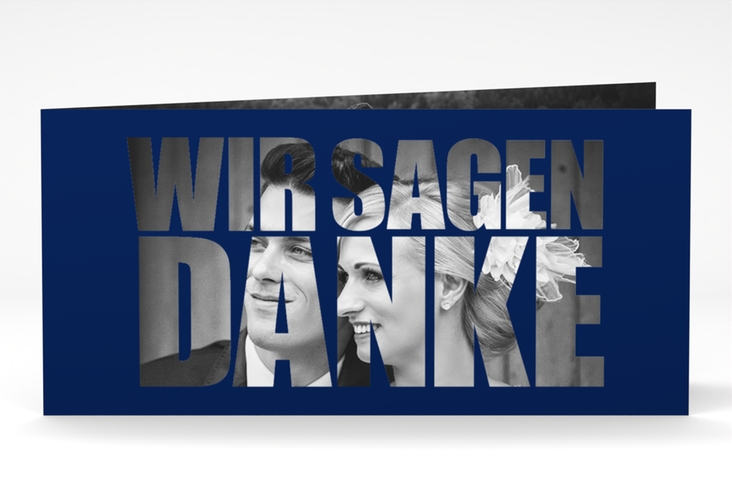 Dankeskarte Hochzeit Letters lange Klappkarte quer blau hochglanz