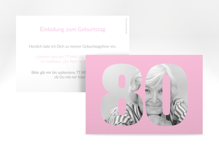 Einladung 80. Geburtstag Numbers A6 Karte quer rosa hochglanz