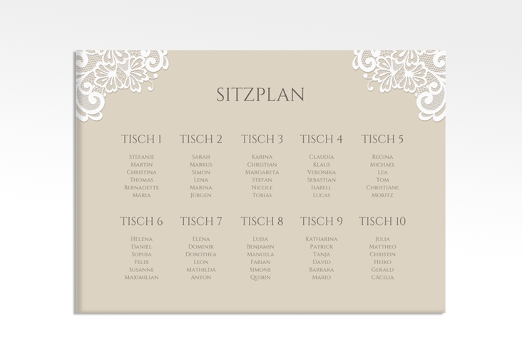 Sitzplan Leinwand Hochzeit Vintage 70 x 50 cm Leinwand beige mit floraler Spitze