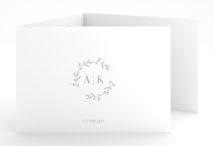 Hochzeitseinladung Filigrana A6 Doppel-Klappkarte grau hochglanz in reduziertem Design mit Initialen und zartem Blätterkranz
