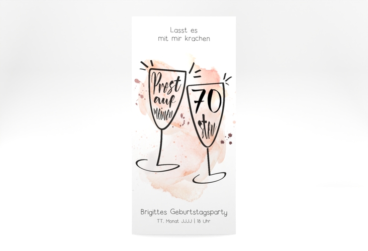 Einladung 70. Geburtstag Sektgläser lange Karte hoch rot hochglanz mit zwei Champagner-Gläsern auf Aquarell-Hintergrund