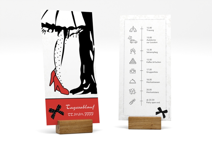 Tagesablauf Hochzeit Straßburg lange Karte hoch rot mit Rockabilly-Brautpaar