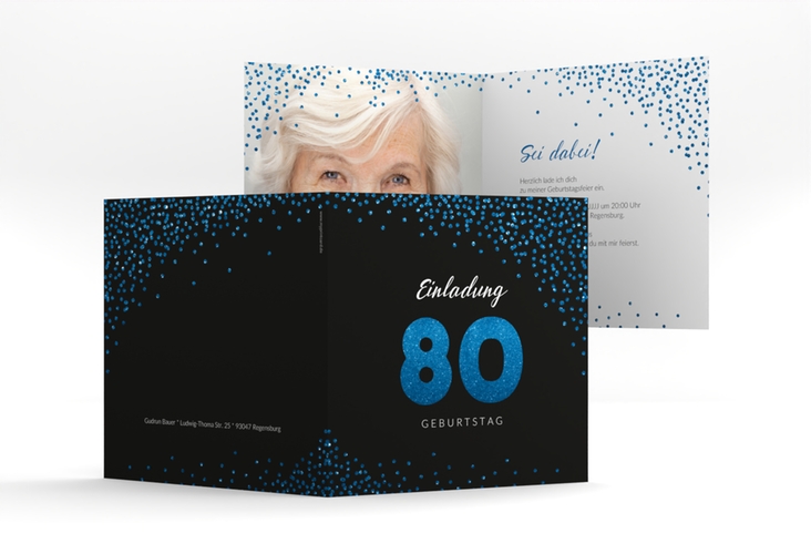 Einladung 80. Geburtstag Glitzer quadr. Klappkarte blau hochglanz