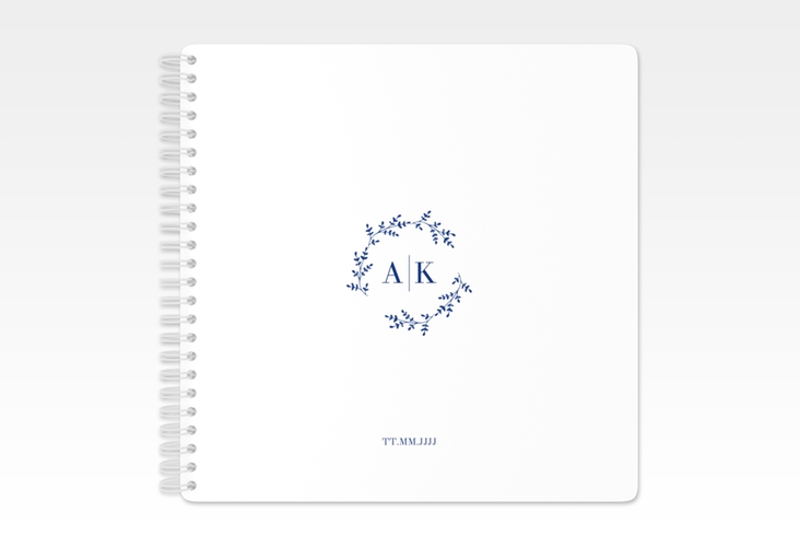 Trautagebuch Hochzeit Filigrana Trautagebuch Hochzeit blau in reduziertem Design mit Initialen und zartem Blätterkranz