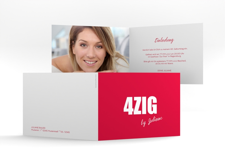 Einladung 40. Geburtstag Zig A6 Klappkarte quer rot hochglanz
