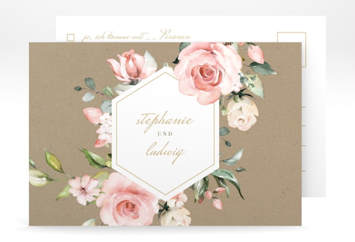 Antwortkarte Graceful A6 Postkarte Kraftpapier hochglanz mit Rosenblüten in Rosa und Weiß