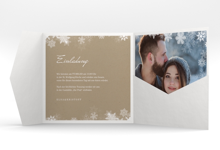 Hochzeitseinladung Snowfall Pocketfold Kraftpapier hochglanz mit Schneeflocken für Winterhochzeit
