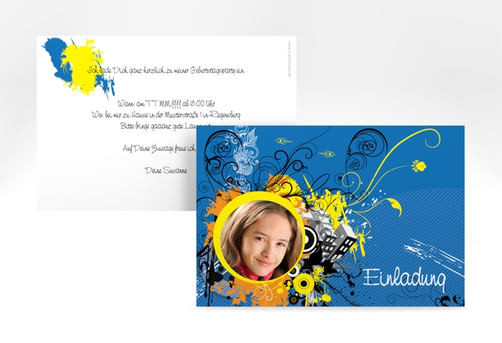 Einladungskarte Kindergeburtstag Daniel/Daniela A6 Karte quer blau hochglanz