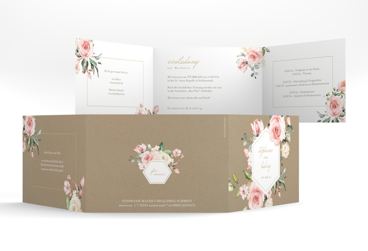 Hochzeitseinladung Graceful A6 Doppel-Klappkarte Kraftpapier hochglanz mit Rosenblüten in Rosa und Weiß