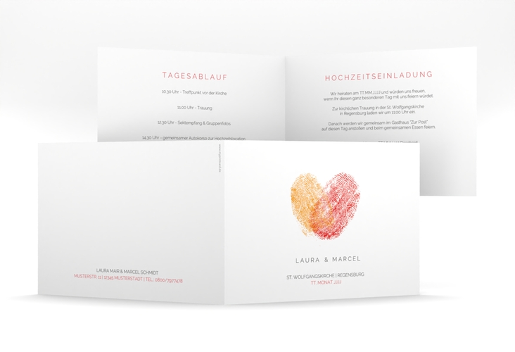 Hochzeitseinladung Fingerprint mittlere Klappkarte quer rot schlicht mit Fingerabdruck-Motiv