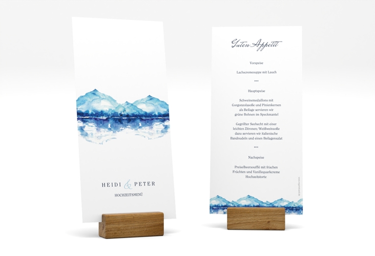 Menükarte Hochzeit Bergliebe lange Karte hoch blau hochglanz mit Gebirgspanorama für Berghochzeit